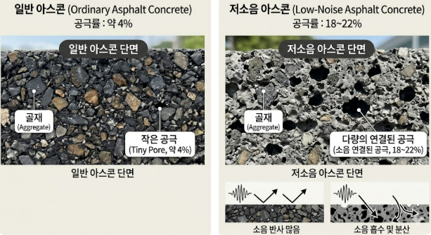 도로 소음 해결 방법 - 저소음 아스콘 일반아스콘 단면 비교
