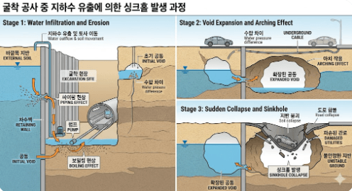 싱크홀 원인 굴착공사에 다른 지하수위 변화