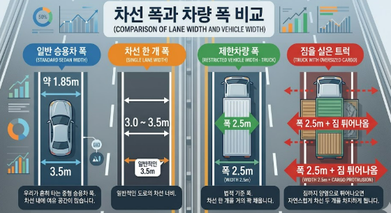 출퇴근길 차선 2개 차지한 그 차선 침범 트럭, 도로법 상 100% 위반입니다. 4 일반 도로폭 제한차량 폭
