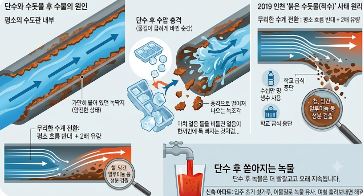 수돗물 녹물 원인, 왜 우리 집·아파트만 그럴까요? 2 단수 후 녹물 원인 모식도