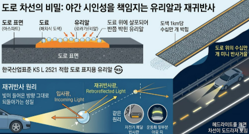 비올때 차선 안보임. 그 답답함은 딱 1가지 이유 때문, 토목쟁이가 정리했습니다. 3 도로 야간 시인성 확보 자재 - 차선도색 유리알