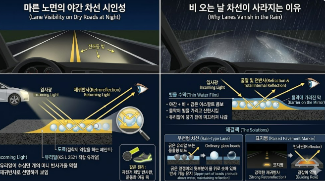 비올때 차선 안보임. 그 답답함은 딱 1가지 이유 때문, 토목쟁이가 정리했습니다. 4 비오는날 차선이 잘 안보이는 이유 정리 - 유리알 반사 불량
