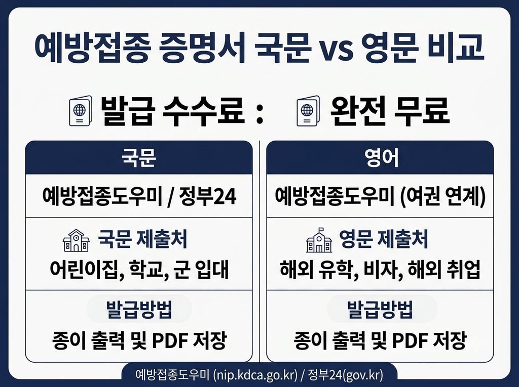 예방접종증명서 발급 국문 영문 비교