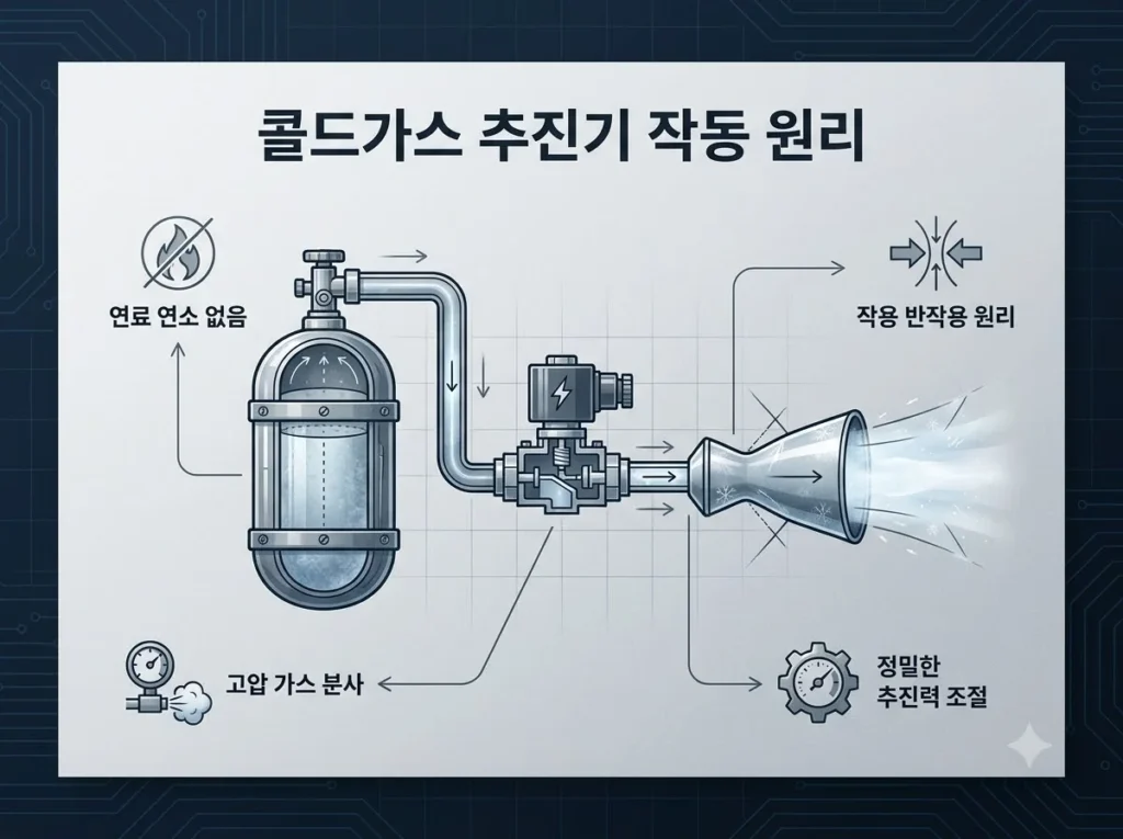 콜드가스 추진기란? 원리와 장단점을 쉽게 정리 2 고압 가스 탱크에서 밸브를 거쳐 노즐로 가스를 분사하며 연료 연소 없이 작용·반작용으로 정밀한 추진력을 내는 작동 원리 그림