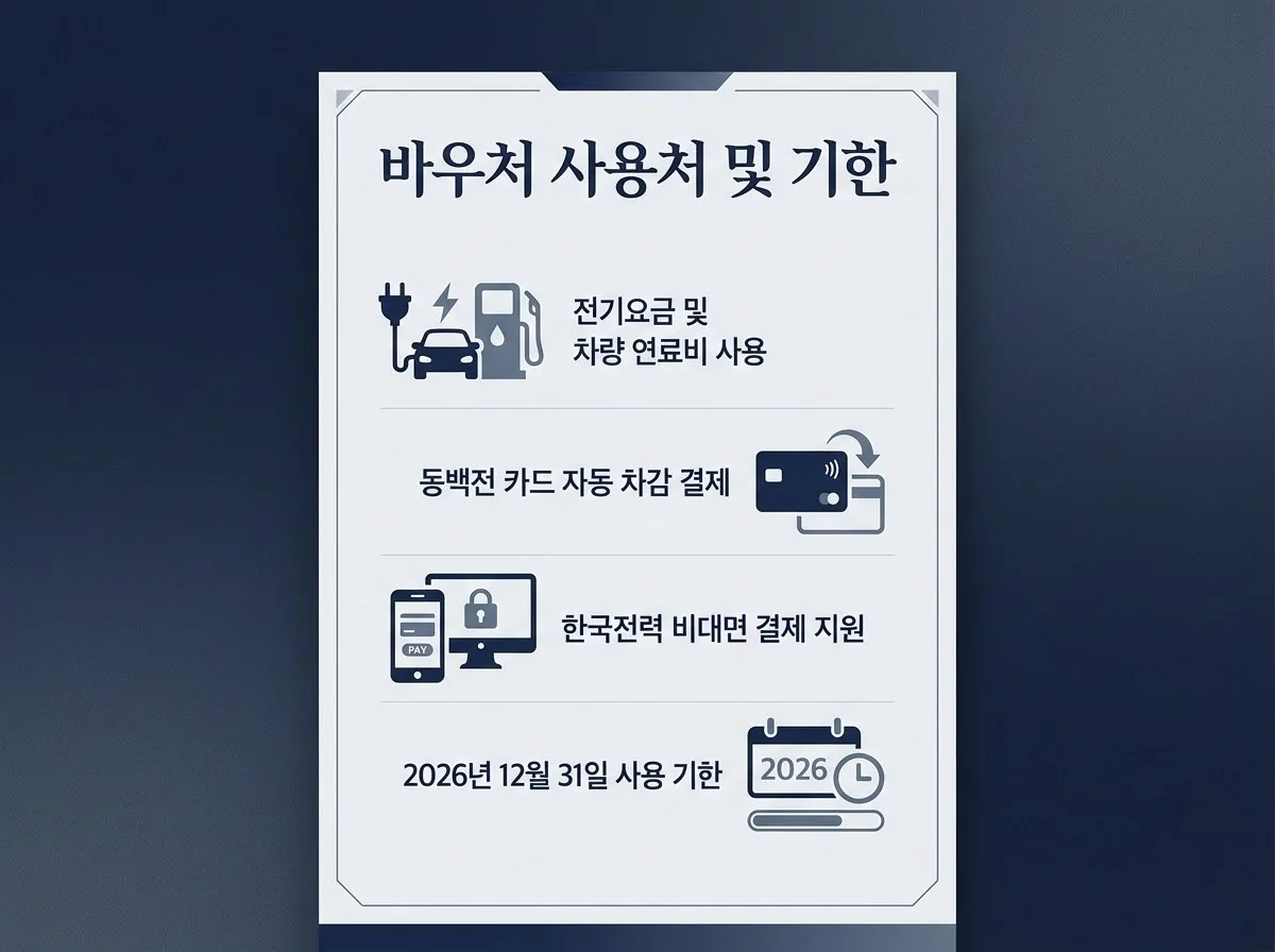 전기요금 및 차량 연료비 사용, 동백전 카드 자동 차감 결제, 한국전력 비대면 결제 지원, 2026년 12월 31일 사용 기한을 정리한 바우처 사용처 및 기한 안내