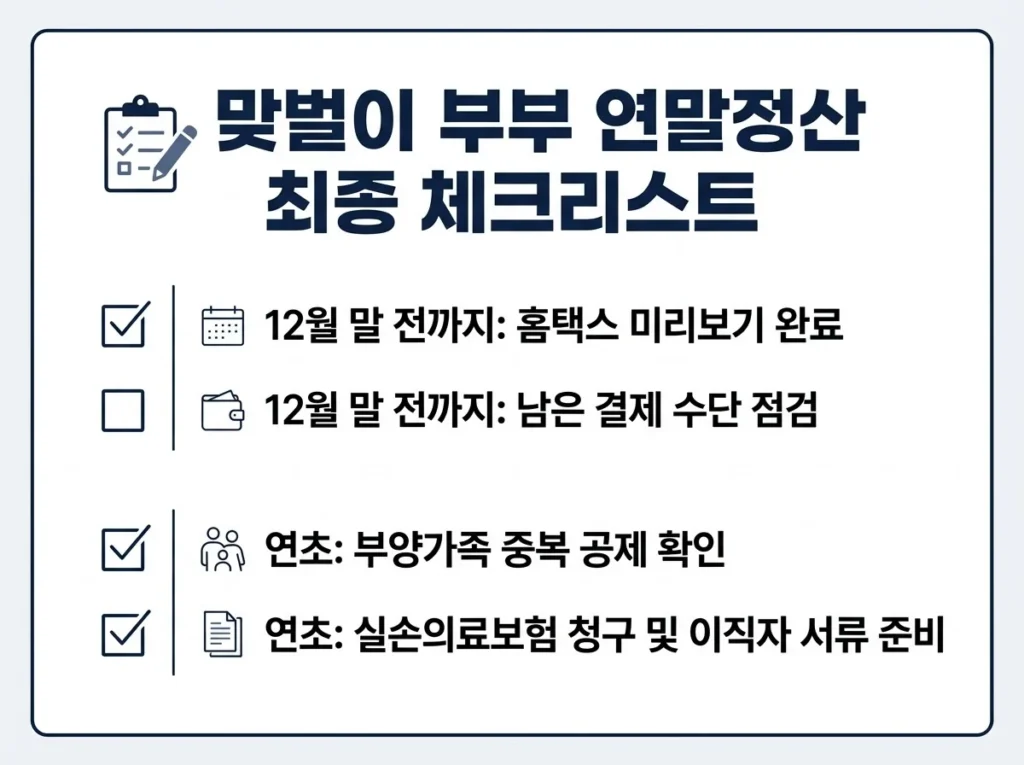 맞벌이 부부 연말정산, 카드·의료비·부양가족 몰아주기 기준 8 맞벌이 부부 연말정산 최종 체크리스트