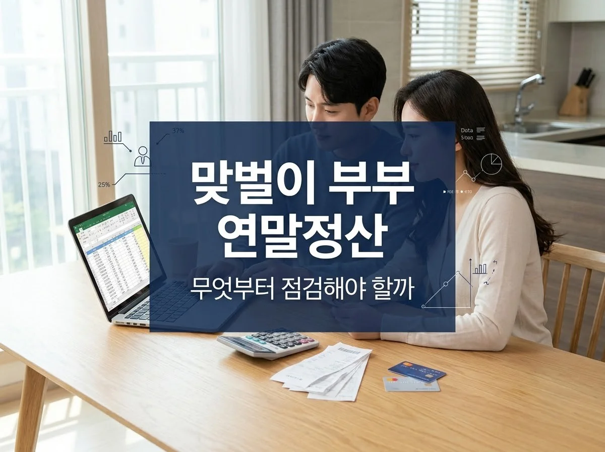 노트북과 계산기, 영수증을 앞에 두고 연말정산을 살펴보는 부부 사진에 '무엇부터 점검해야 할까' 문구를 얹은 대표 이미지