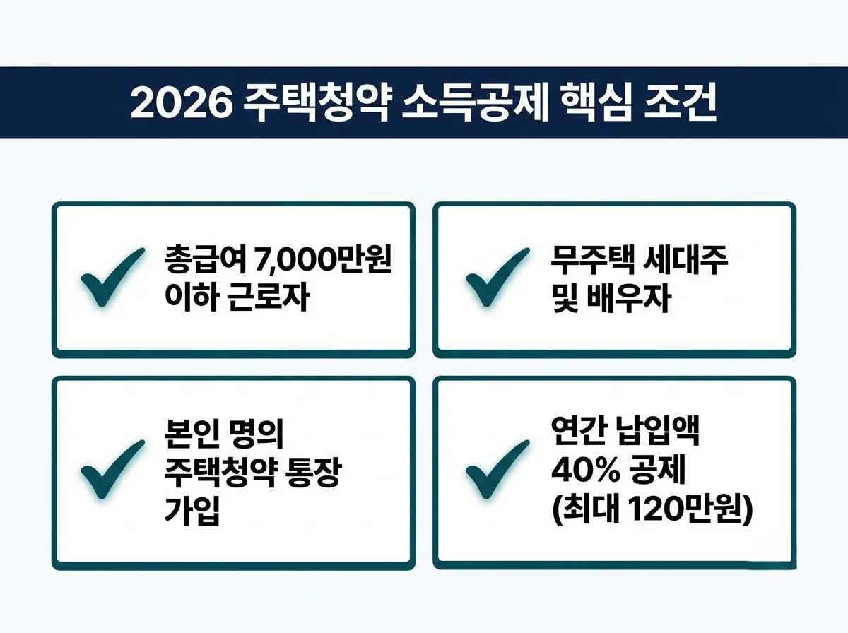 총급여 7,000만원 이하 근로자, 무주택 세대주와 배우자, 본인 명의 청약통장, 연간 납입액 40%(최대 120만원) 공제를 담은 2026년 핵심 조건