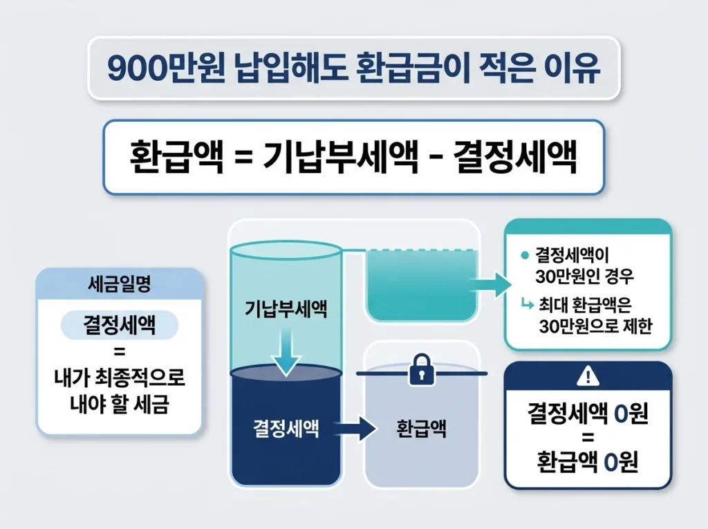 IRP 세액공제 한도 900만 원, 환급액이 적은 이유까지 정리 3 환급액은 기납부세액에서 결정세액을 뺀 금액이며 결정세액이 0원이면 환급액도 0원이 되는 구조를 나타낸 도식