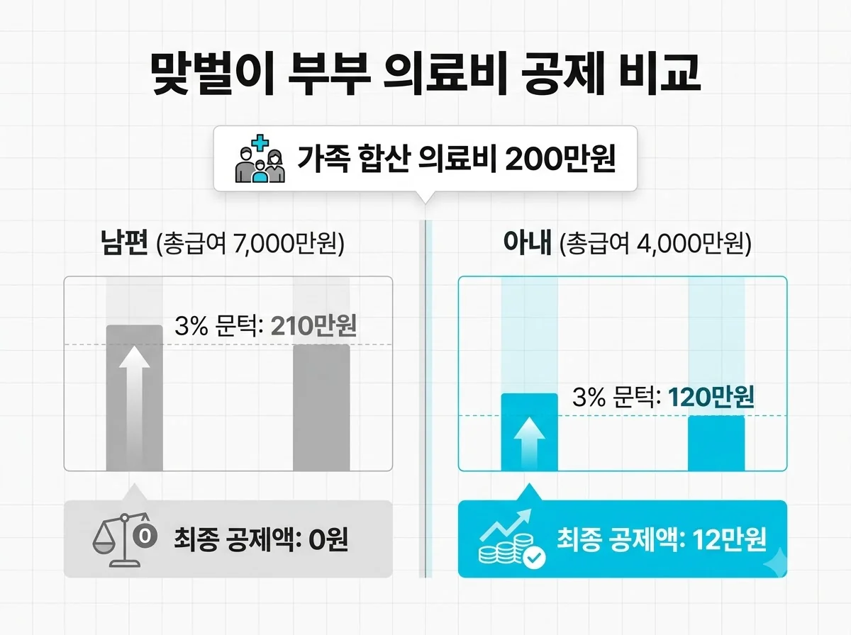 가족 의료비 200만원을 총급여 7,000만원 남편이 신고하면 0원, 4,000만원 아내가 신고하면 12만원이 공제되는 맞벌이 부부 비교