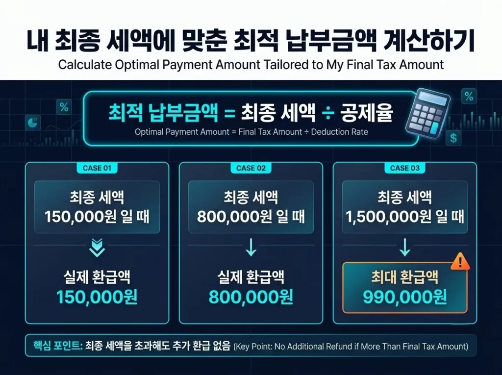 2026 연금저축 세액공제 완벽 가이드: 결정세액으로 최적 납입액 역산하기 3 최적 납부금액 = 최종 세액 ÷ 공제율 공식과 최종 세액 15만원·80만원·150만원일 때 실제 환급액 15만원·80만원·99만원 사례