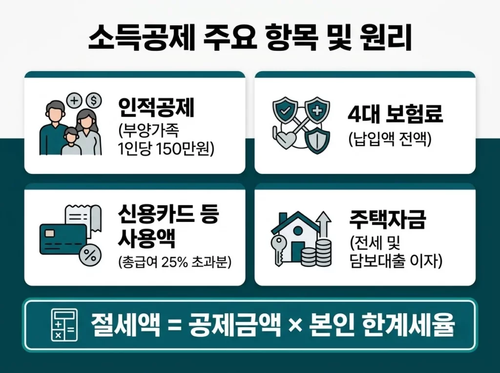 세액공제 소득공제 차이, 연말정산에서 실제 세금은 어떻게 줄어들까? 3 인적공제, 4대 보험료, 신용카드 사용액, 주택자금 등 소득공제 주요 항목과 절세액 계산식 인포그래픽