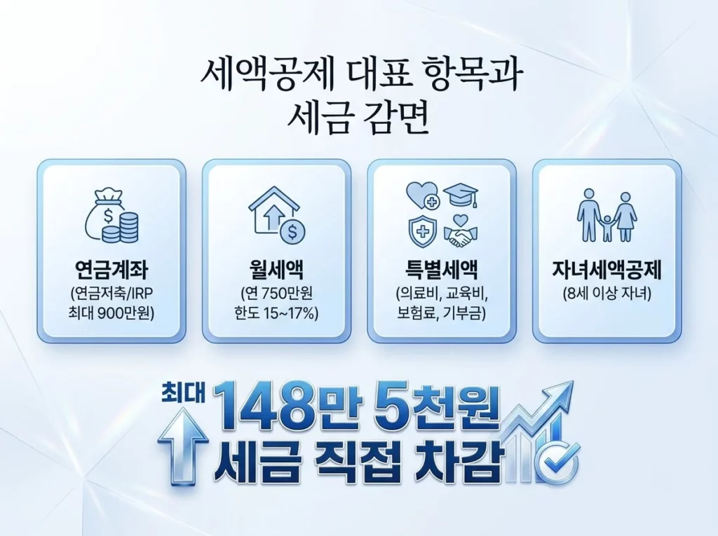 세액공제 소득공제 차이, 연말정산에서 실제 세금은 어떻게 줄어들까? 4 연금계좌, 월세액, 특별세액, 자녀 공제 등 세액공제 대표 항목과 최대 148만 5천원 감면 안내