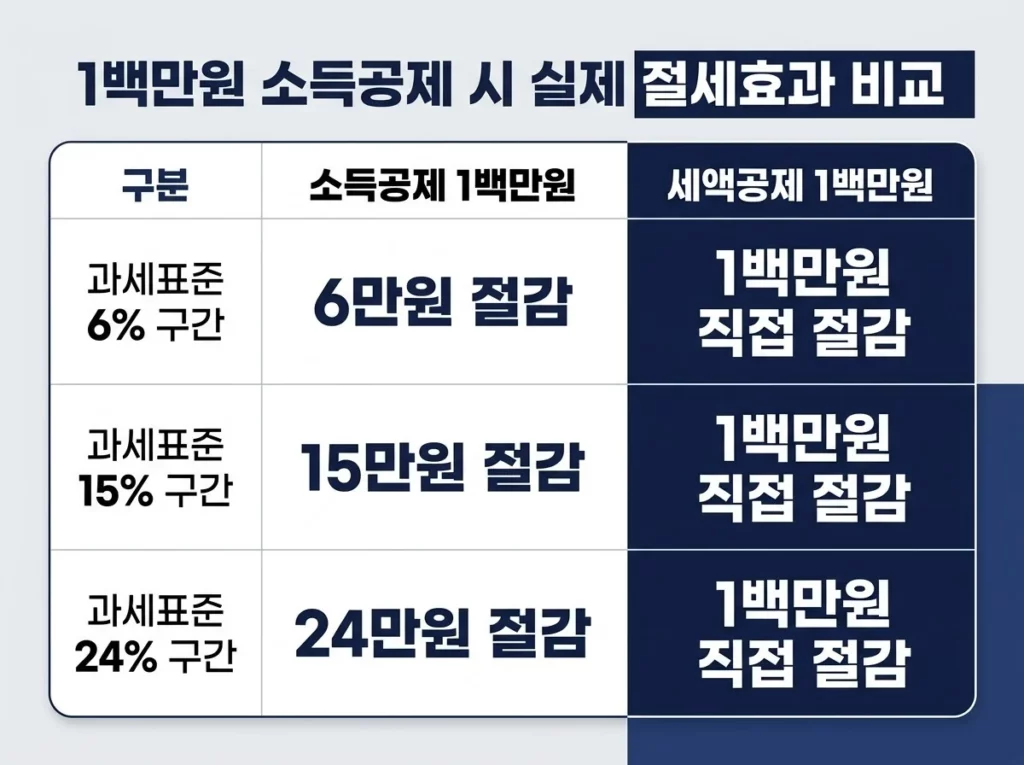 세액공제 소득공제 차이, 연말정산에서 실제 세금은 어떻게 줄어들까? 5 과세표준 6%·15%·24% 구간별 소득공제 100만원과 세액공제 100만원의 절세 효과 비교표