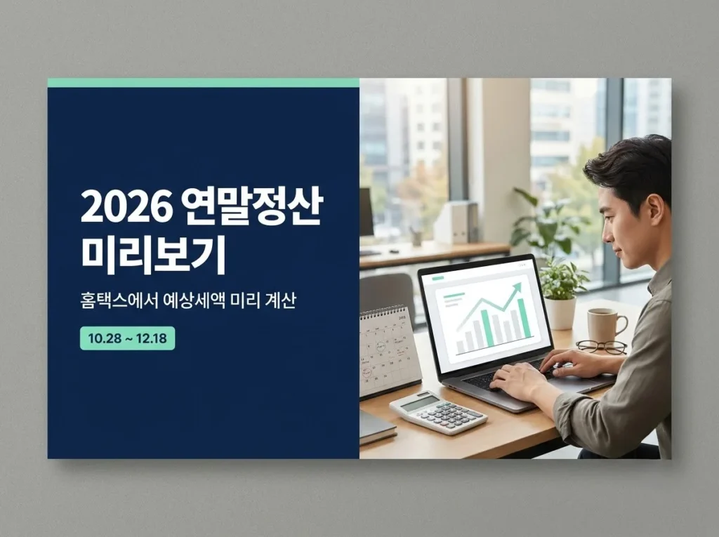 2026 연말정산 미리보기 이용방법, 홈택스에서 예상세액 계산하는 순서 2 노트북 화면의 상승 그래프를 보는 남성 옆에 2026 연말정산 미리보기, 홈택스에서 예상세액 미리 계산, 10.28~12.18 문구가 적힌 안내 배너
