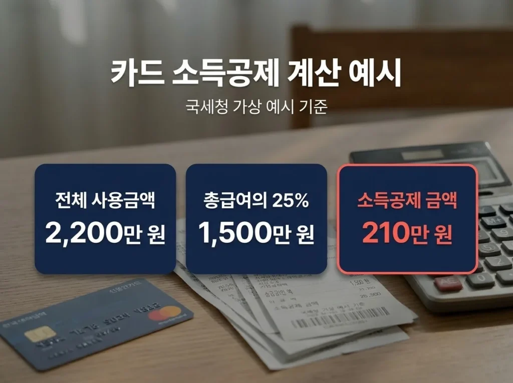 2026 연말정산 미리보기 이용방법, 홈택스에서 예상세액 계산하는 순서 3 전체 사용금액 2,200만 원, 총급여의 25% 1,500만 원, 소득공제 금액 210만 원을 세 칸으로 보여주는 국세청 가상 예시 카드 소득공제 계산
