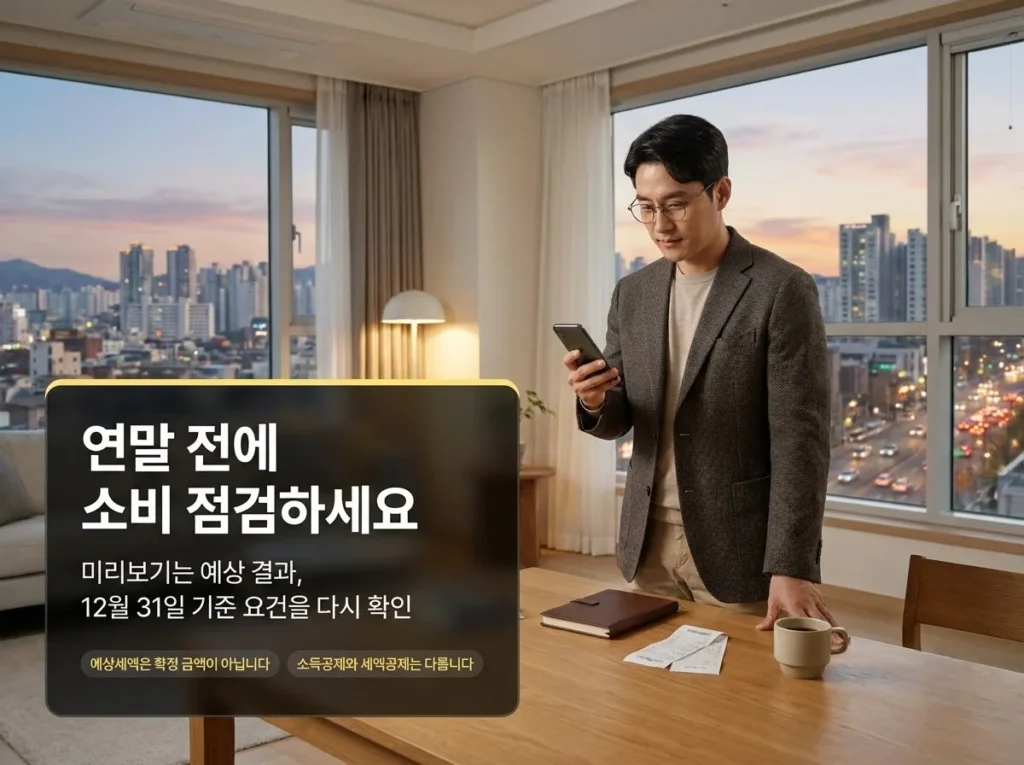 2026 연말정산 미리보기 이용방법, 홈택스에서 예상세액 계산하는 순서 5 휴대폰을 보는 남성 옆에 연말 전에 소비 점검하세요, 미리보기는 예상 결과이며 12월 31일 기준 요건을 다시 확인하라는 안내 문구