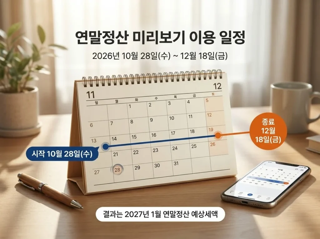 2026 연말정산 미리보기 이용방법, 홈택스에서 예상세액 계산하는 순서 6 탁상 달력에 시작 10월 28일(수)과 종료 12월 18일(금)을 표시하고 결과는 2027년 1월 연말정산 예상세액이라고 적은 이용 일정 이미지
