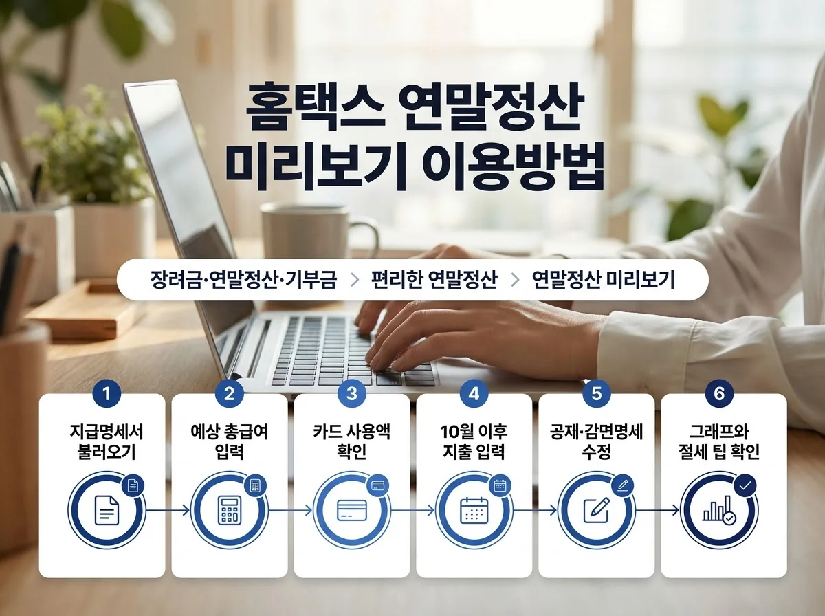 노트북 자판 위 손과 함께 지급명세서 불러오기부터 그래프와 절세 팁 확인까지 6단계를 보여주는 홈택스 연말정산 미리보기 이용방법