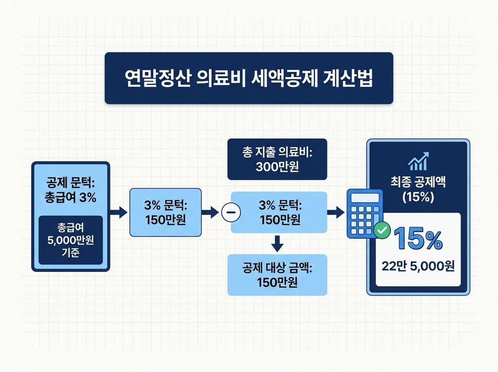 연말정산 의료비 공제 총정리|총급여 3% 넘으면 얼마나 돌려받을까? (2026년 기준) 2 연말정산 의료비 공제 계산법